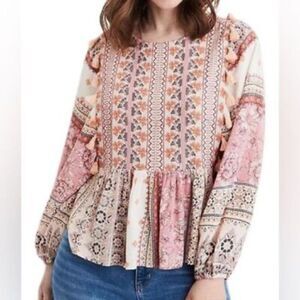 American Eagle Outfitters Pink and Orange Ruffled Peplum Blouse